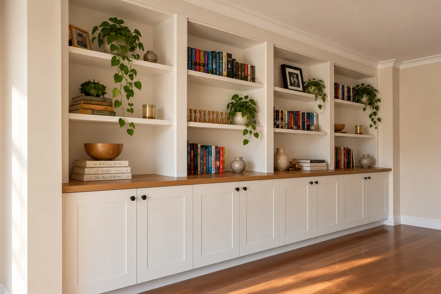 Built-in library wall seen from an angle, open shelves over shaker cupboards with a timber benchtop