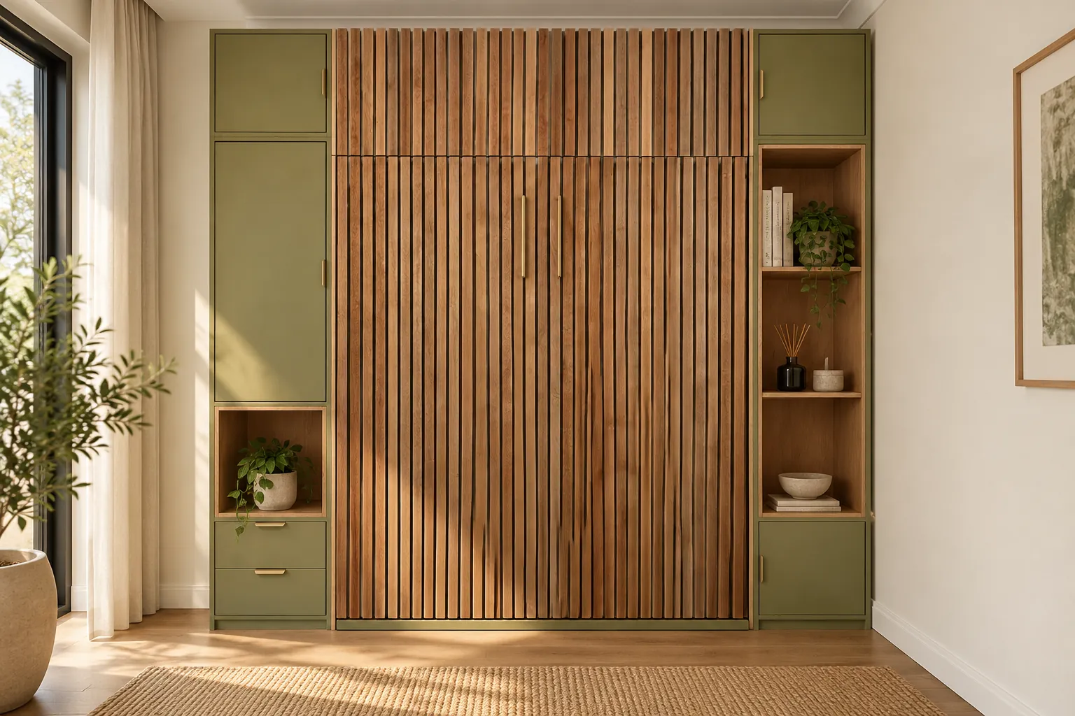 The same Murphy bed folded up behind slatted timber doors