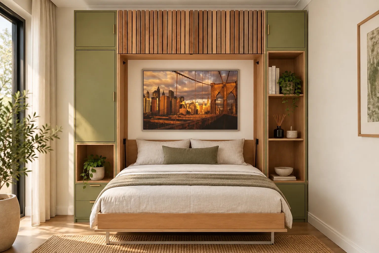 Queen Murphy bed folded down, framed by olive cabinetry and open oak shelves